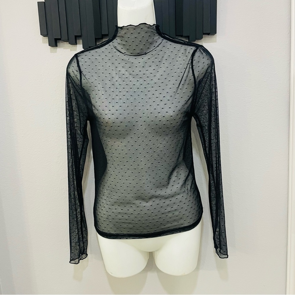 Serra Black Sheer Mesh Polka Dot Mock Neck Long Sleeve Fitted Blouse Top Size S